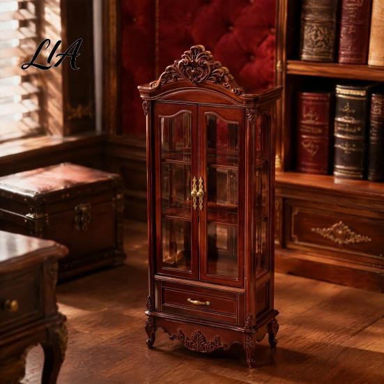 European Style Doll Mansion Accessory Miniature Curio Cabinet, 1/12 Scale Mini Wine Wooden Tiny Display Cabinet with Collectible Case Drawer,