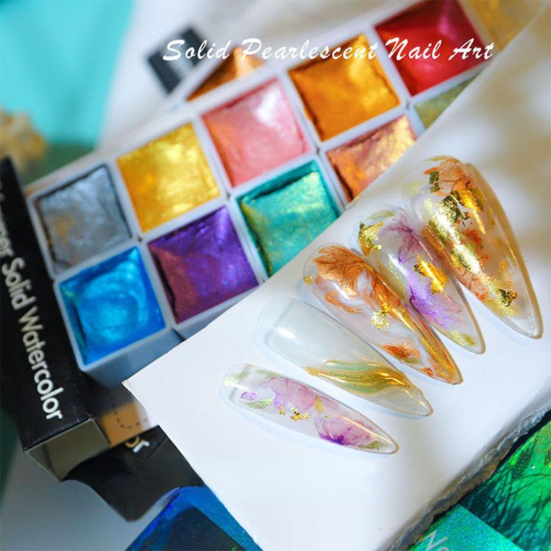 12 Colors Watercolor Paints Glitter Soilid Powder Shimmer Chrome Pigment Holographic Dusts For Nails Art Paintings