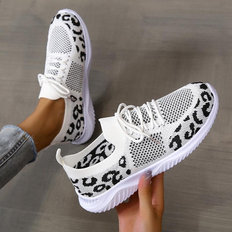 Fashion Women Sneakers for Mesh Breathable Soft Sole Shoes Comfort Lace Up Flat Loafers Fashion Leopard-Print Sport Casual Shoes
