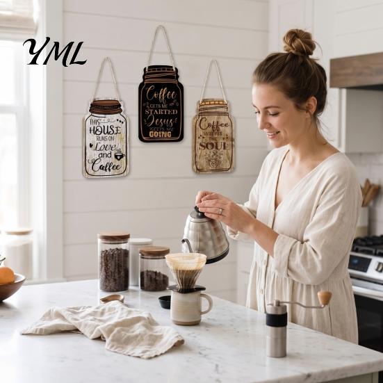 Vintage Kitchen Wall Accents 3Pcs Wooden Mason Jar Hanging Sign, Rustic Coffee Theme Decor with Plaque Hemp Rope, Decorative Pendant for Farmhouse Bar