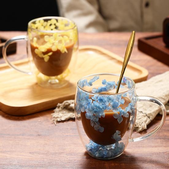 Кружка для кофе из стекла с двойными стенками, термоизолированный тамблер, чашка с уникальным цветочным узором, изолированные термостойкие кружки для чая и латте с ручкой