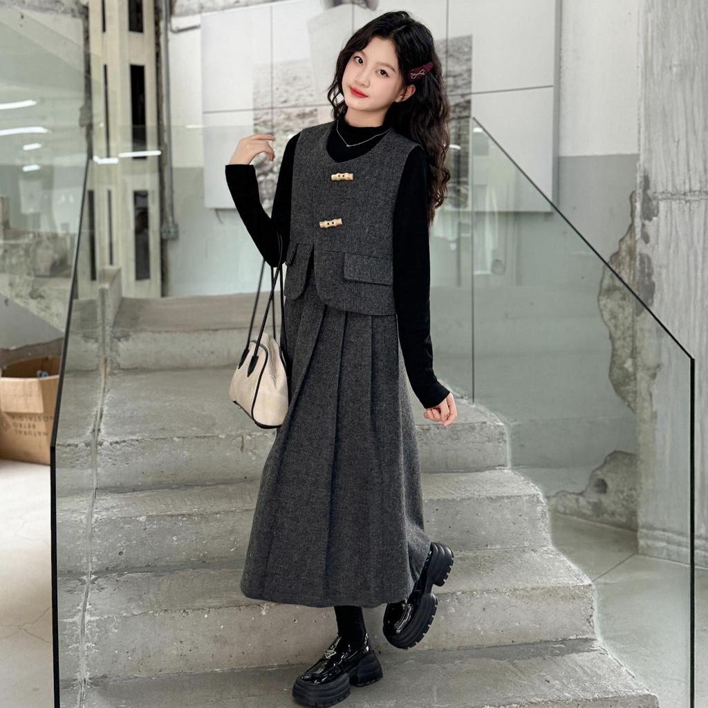 Стильный серый комплект из жилета и юбки для девочек на весну/осень 2025 года