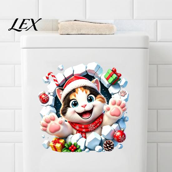 Moisture Proof Bathroom Accessories Christmas Cat Toilet Seat Decal, 3D Break Through Wall Cute Kitten Removable PVC Decorations Tank Sticker,