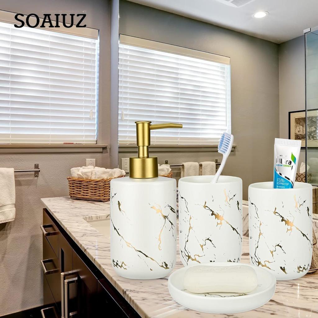 Набор аксессуаров для ванной комнаты, набор керамических аксессуаров для ванны из 4 предметов включает в себя 2 держателя/стакан для зубных щеток, жидкое мыло или лосьон на 300 мл.