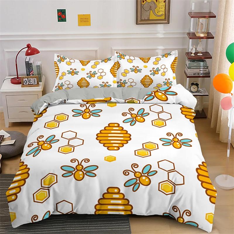 Cartoon Bee Duvet Cover Lovely Yellow Flying Animals Theme for Kids Boys Girls Gifts Women Beautiful Flowers Bedroom Decoration