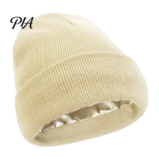Solid Color Cold Weather Hats Satin Lined Knit Hat for Women, Winter Warm Soft Beanies, Fashion Stretchy Thermal Outdoors Frizz-free Hair Protection,