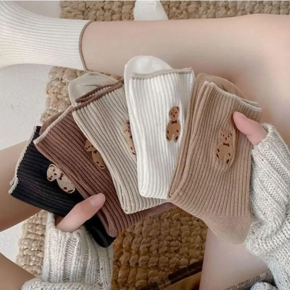 5 Pairs Bear Embroidery Snow Boot Socks Breathable Sports Socks Women Socks Autumn