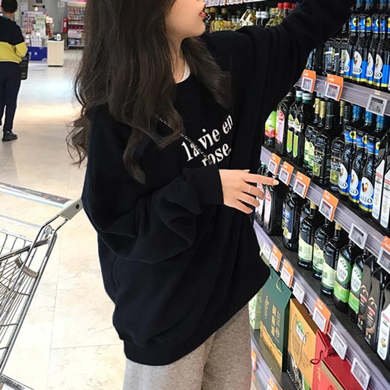 Ladies Letter Print Round Neck Hoodies Top Women Oversized Long Sleeved Pullover Gray Sweatshirt for Autumn Winter New