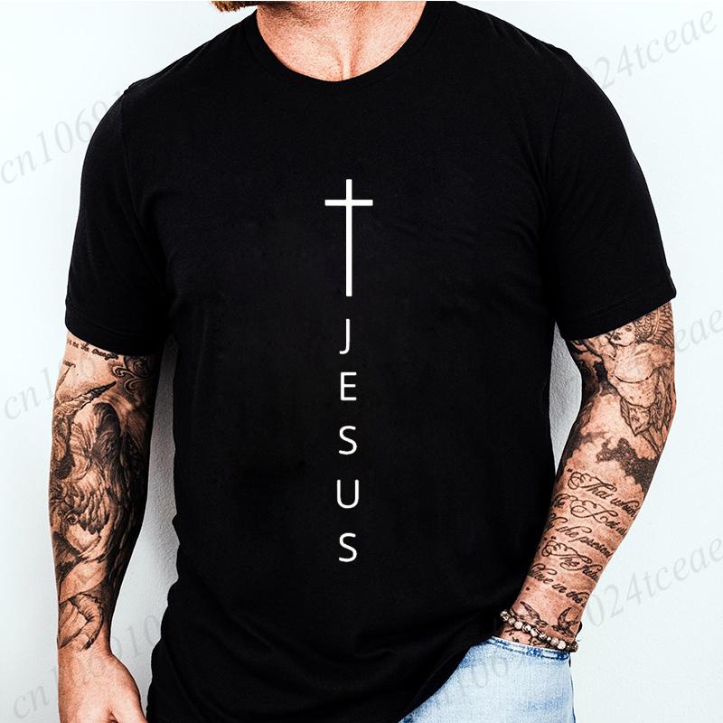 Men's Summer T-Shirts Fashionable Casual Loose Large Cross and Jesus Letter Printed Sports Round Neck Short Sleeve T-shirt Top