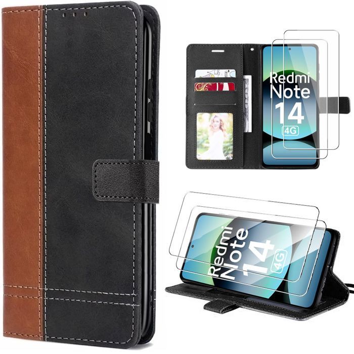 Coque + 2 Verres Trempés pour Xiaomi Redmi Note 14 4G (pas pour 5G) Protection Anti-Rayures Synthécuir Marron/Noir