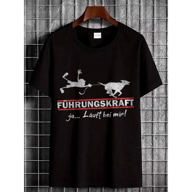 Black T Shirt with Dog Pulling for Man Graphic And Fuehrungskraft Text for Casual Wear