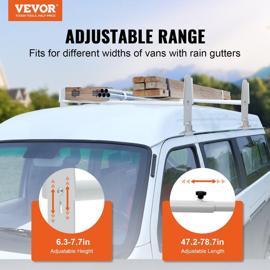 Van Roof Ladder Rack, 2 Bar Alloy Steel Ladder Racks, Adjustable from 1200-2000 mm, 227 kg Capacity, Roof Rack Compatible with Full-size Vans with