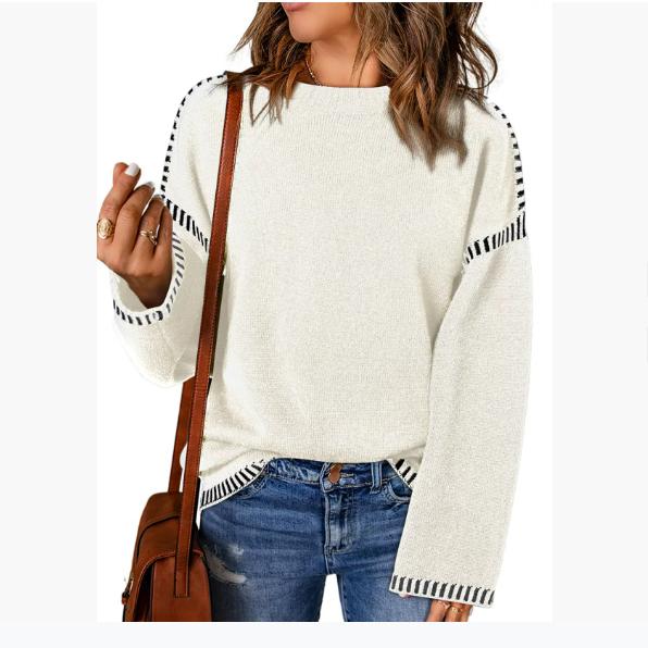 Осенне-зимний женский свитер однотонный с круглым вырезом свободный с длинным рукавом контрастного цвета вязаный пуловер свитер топ