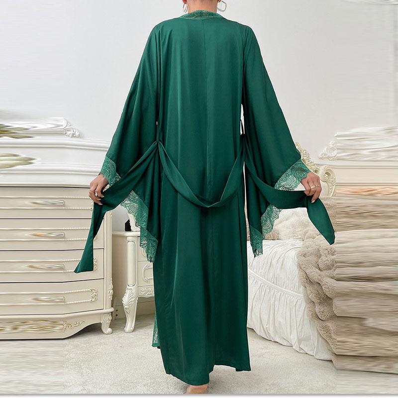 Сексуальный длинный однотонный шелковый атласный халат с кружевной отделкой и вставками для женщин, с расклешенными рукавами, свободный, в придворном стиле, ночная одежда, кружевные халаты, одежда для отдыха