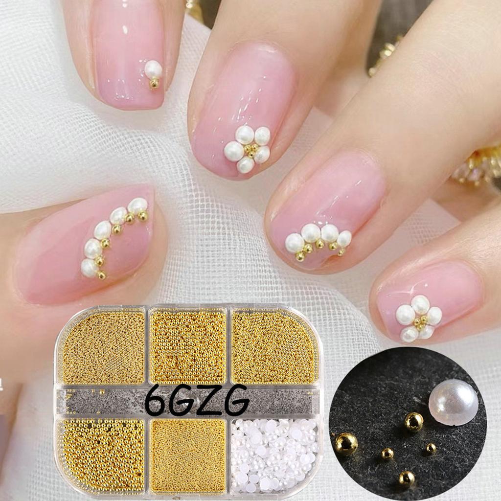 6 Grids 3D Pearl Nail Charms for Acrylic Nails Steel Beads Nail Pearl Mixed Nail Art Craft DIY Nail Decorations