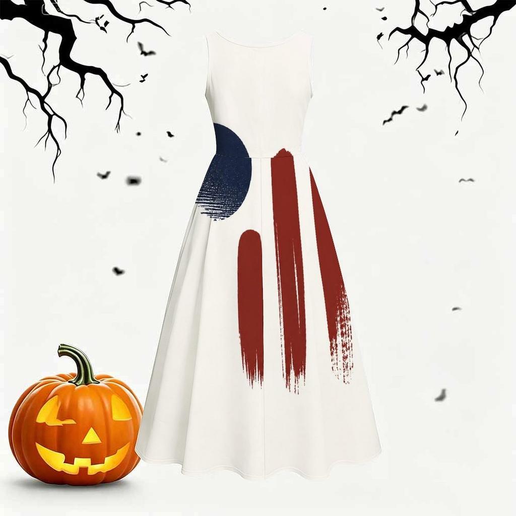 Women Plus Size Round Neck Sleeveless American Flag Printed Tie Waist A Line Long Flared Dress