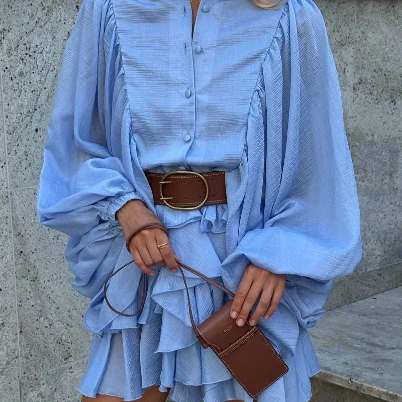 Elegant Solid Layered High Waist Mini Vestidos Women Chic Long Sleeve See Through Ruffles Single Breasted Dress New Street Wear