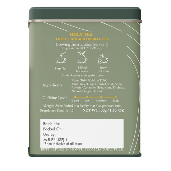 LUXMI Estates Holy Tea Powder 50Gm Tin |Usda Certified Organic Tulsi Tea|Tulsi + Ginger Herbal Tea|Caffeine Free