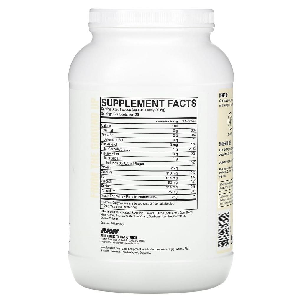 Raw Nutrition Grass-Fed Whey Protein Isolate, Vanilla, 1.63 Lb (740 G)