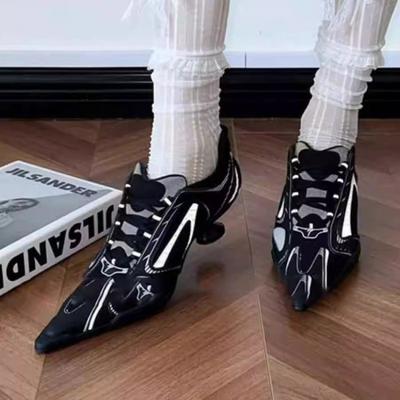 Мода 2025 Новые Спортивные Балетки Повседневные Кружевные Кроссовки Сетчатый Заостренный Носок Высокие Каблуки Женские Туфли-Шпильки Сексуальные Туфли для Девушек Весна Новинка