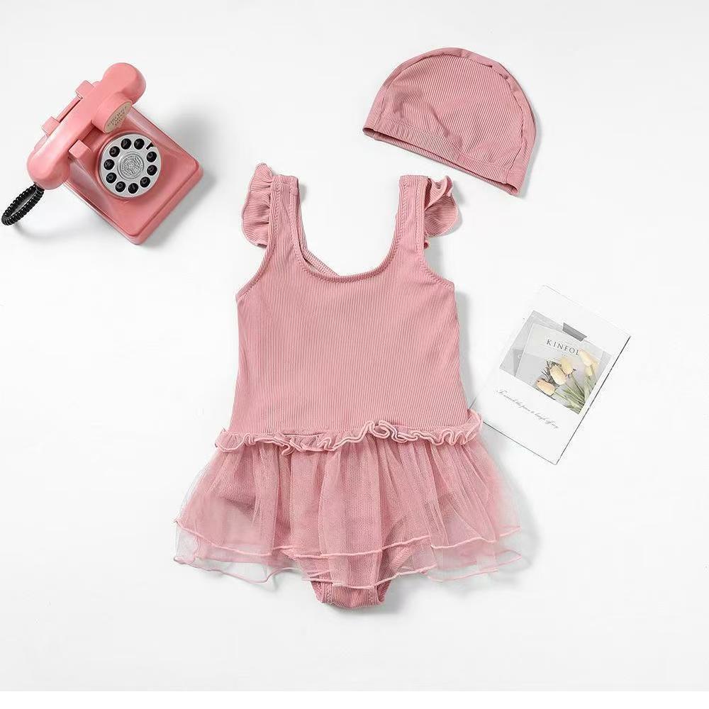 2025 Девочки Слитный Купальник с Юбочкой - Милый Принцессный Стиль, Однотонный Детский Купальник