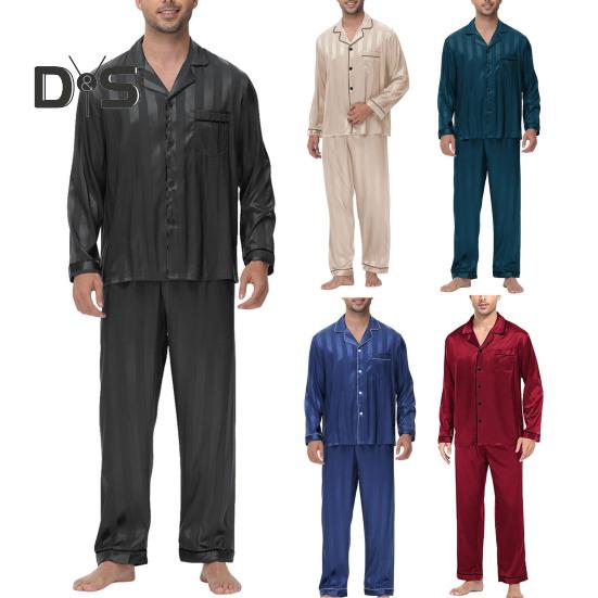 2 шт./компл. Шелковый атласный мужской пижамный комплект с пуговицами, длинными рукавами, верхом из пижамы с воротником-стойкой, пуговицами спереди, нагрудным карманом, длинными штанами, одежда для сна