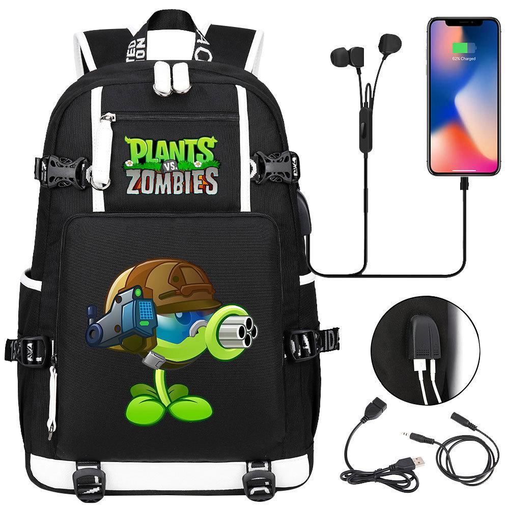 Plants vs Zombies USB Headphone Backpack for Teens Students Casual Travel Daypack Large Capacity Laptop Bag