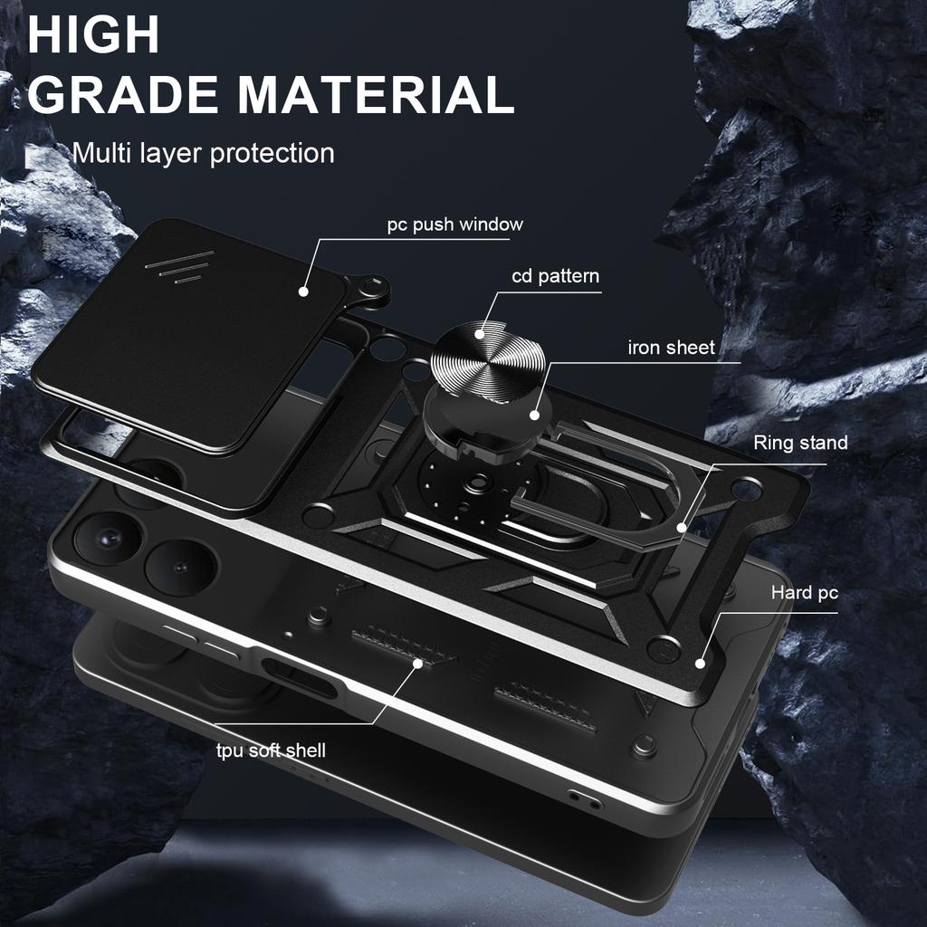 For TECNO Pova 7 4G Case with Slide Camera Lid PC+TPU Kickstand Phone Cover