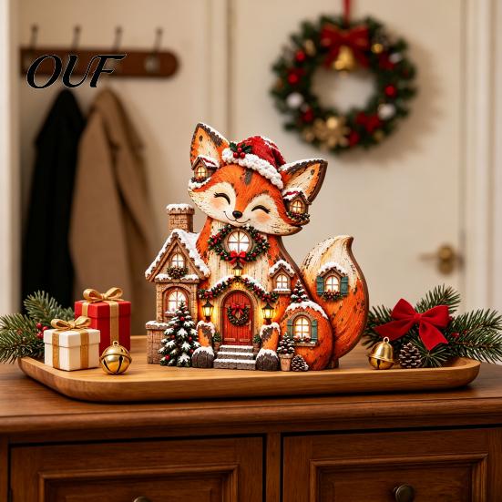 Seasonal Home Accents Christmas Wooden Fox Village House Table Ornament, Wood Block Tabletop Vintage Style Decor Centerpiece for Farmhouse Winter