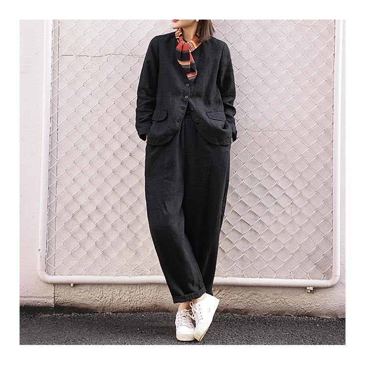 2025 Весна и Осень Черный Льняной Жакет С Круглым Вырезом Приталенного Кроя, Брюки-Морковь С Эластичной Талией Свободного Кроя
