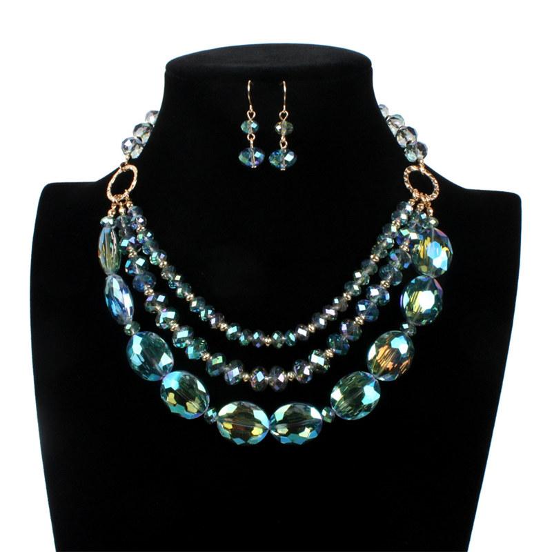 Exaggerated Crystal Multi-layer Necklace for Women Fashion Colorful Clavicle Chain Vintage Design Necklaces with Earrings GZW
