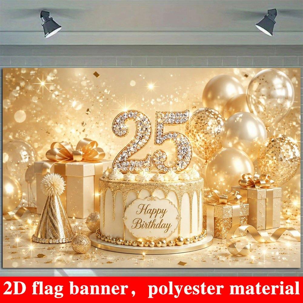 2D Flat Banner, Golden Birthday Backdrop, Number Shapes, Gift Boxes, Balloons