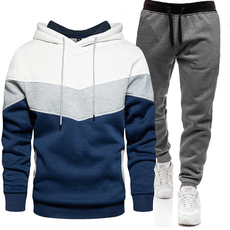 Sports Suit Men's Autumn Winter Plus Size Loose Hooded Sweatshirt Sweatpants Color Blocked 2-piece Set Light Plate
