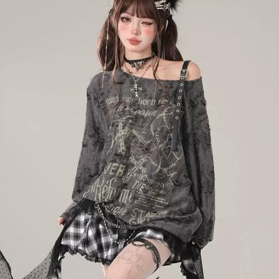 Y2k Готический Гранж Темный Ажурный Топ Женский Харадзюку Ажурный С Открытыми Плечами Сексуальные Футболки Панк Принт Буквами Топы Новые
