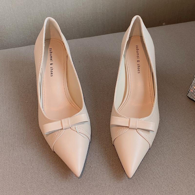 Туфли на высоком каблуке с острым носком, женские туфли с неглубоким носком и толстым бантом, женская корейская версия профессиональной рабочей женской пригородной обуви
