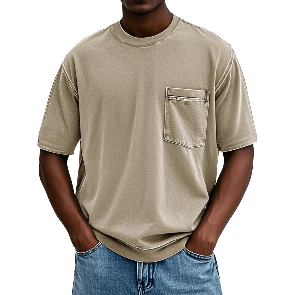 Men's Summer Solid Color Round Neck Loose Pocket Short Sleeve Top