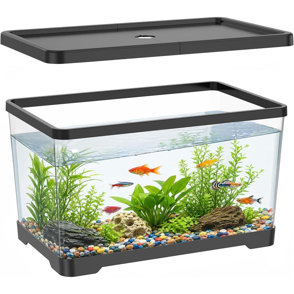 2 Gallon Plastic Fish Tank with Drain Hole - 30x19x17cm Shatterproof Small Rectangular Aquarium for Betta Fish & Guppies - Clear Desktop Terrarium
