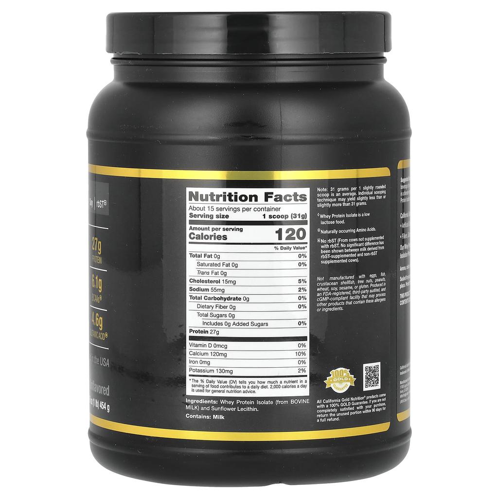 California Gold Nutrition Sports, Whey Protein Isolate, Unflavored, 1 Lb (454 G)