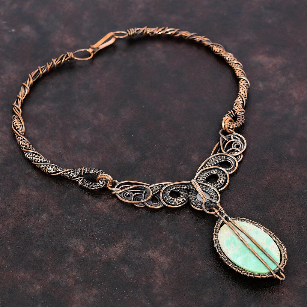 Ожерелье из варисцита, медная проволока, обернутая драгоценным камнем, ожерелье из лунного камня, медные украшения, ожерелье ручной работы, ювелирное изделие из проволочной обмотки, подарок для жены