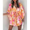 Summer Holiday Printed Beach Dress Lace-up A-line Bohi Short Dress V-neck Women Flying Sleeve Button Loose Casual Clothing 26524