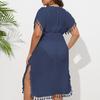 Women Bikini Cover Up Dress Solid Color V-Neck Short Sleeve Elastic High Waist Tassel Patchwork Cover Up Dress