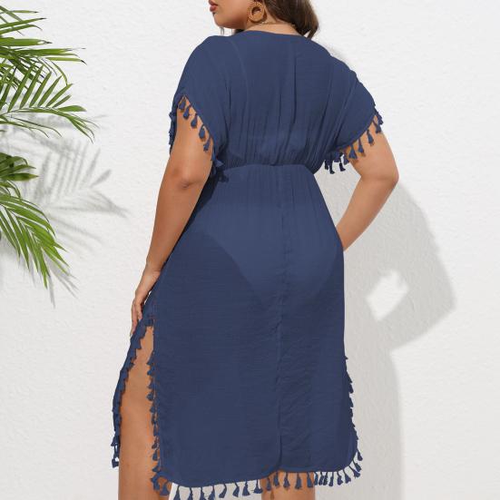 Women Bikini Cover Up Dress Solid Color V-Neck Short Sleeve Elastic High Waist Tassel Patchwork Cover Up Dress