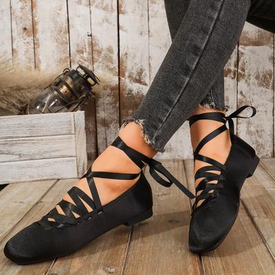 Осень Новые Балетки Женские Квадратный Носок Неглубокий Вырез Шнуровка Спереди Мягкая Подошва Противоскользящие Износостойкие Низкие Туфли