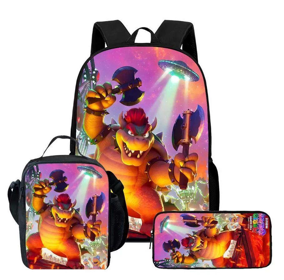 New Mario cartoon backpack, three-piece set for primary and secondary school students, school bag, backpack, shoulder bag, pencil case.
