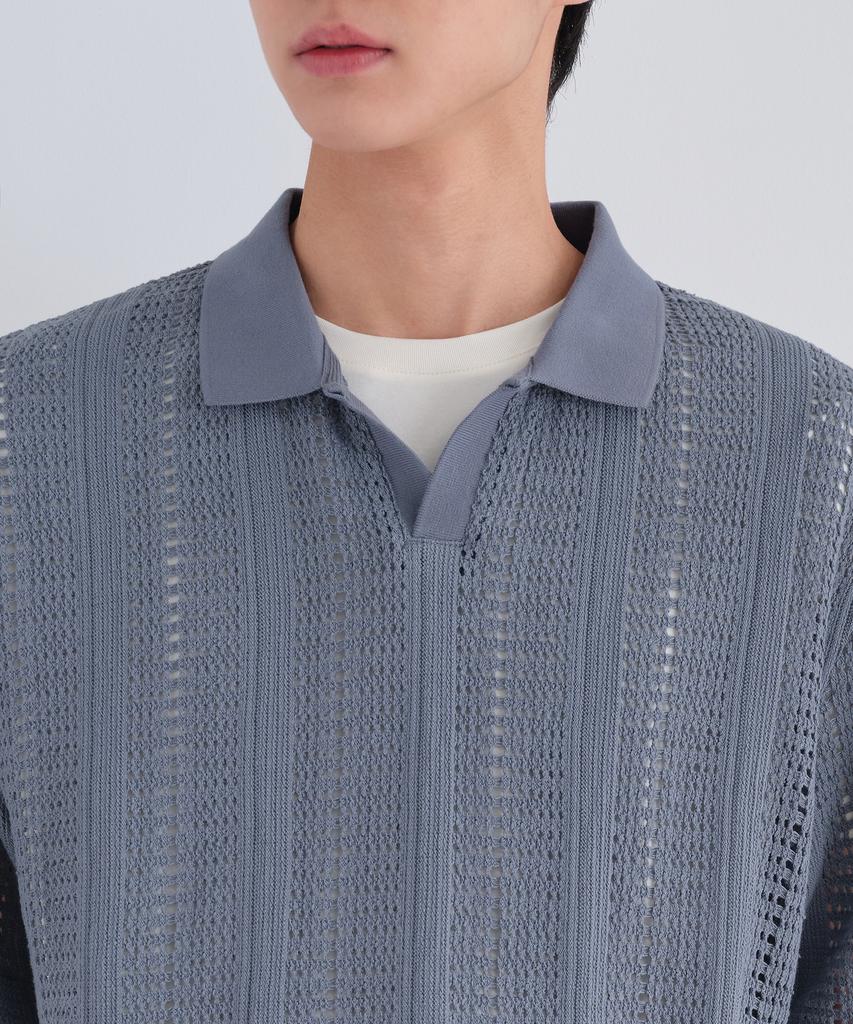 MUSINSA STANDARD Vertical Crochet Slit Neck Polo Shirt [Blue Grey]