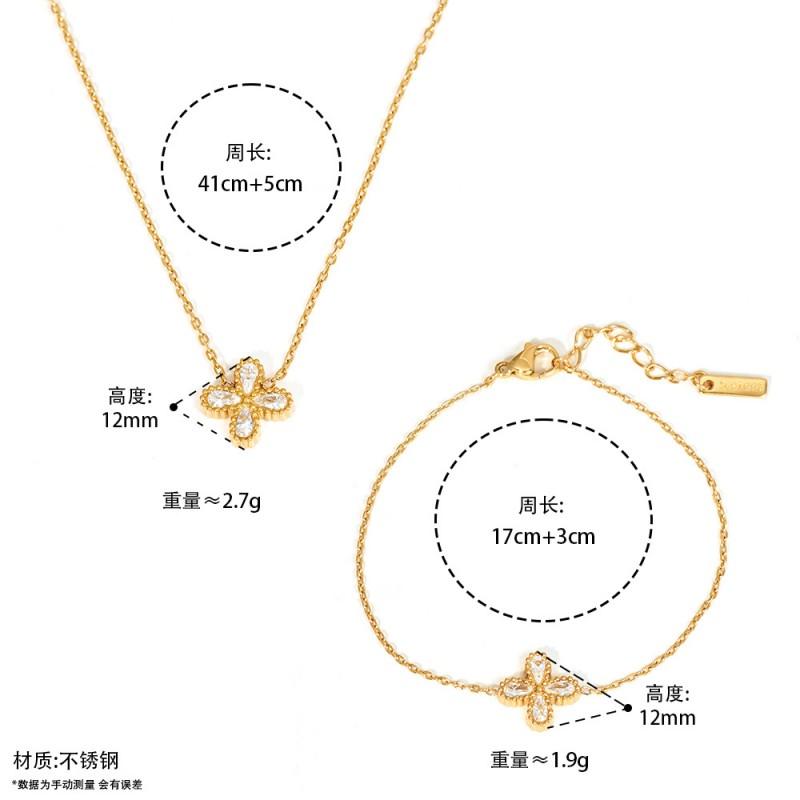 Stainless Steel Zircon Flower Jewelry Set Gold Plated Necklace Bracelet Women