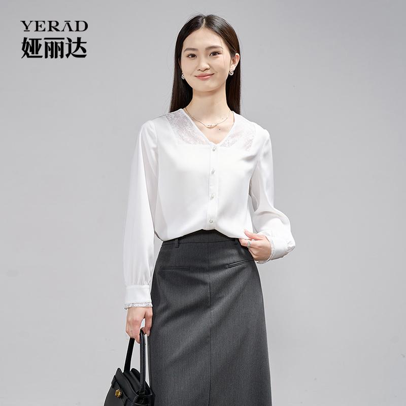 French style lace patchwork V-neck long sleeved shirt for women commuting