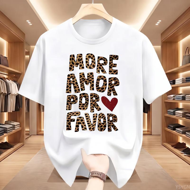 Летняя футболка More Amor Por Favor Смешная графика Леопардовое Сердце Испанская цитата Streetwear Свободная с коротким рукавом
