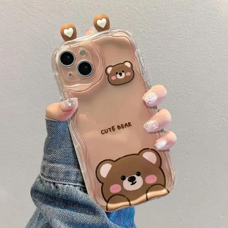 3D ушки Милые Животные Медведь Новый Чехол для Телефона Для Samsung Galaxy S25 S24 S23 S21 S20 FE Plus Ultra 4G 5G 3D Волна Мягкий ТПУ Задняя Крышка