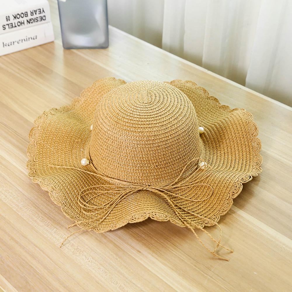 French Style Folding Straw Hats Wide Brim Women's Sun Hat Fashion Pearls Strap Straw Hat Outdoor